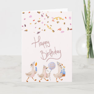 Sweet birthday card with cute geese & confetti