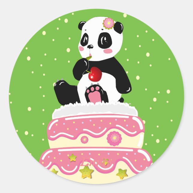 Sweet birthday / Cute panda with cake and cherry  Classic Round Sticker (Front)