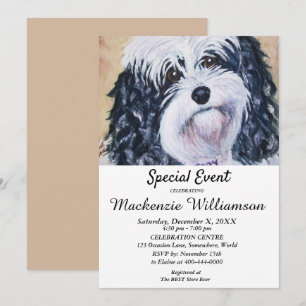 SWEET BLACK AND WHITE PUPPY WISHES HAPPY BIRTHDAY INVITATION