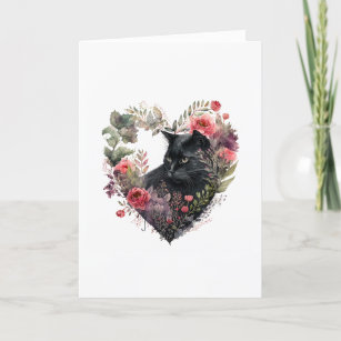 Sweet Black Cat in Flower Heart Valentine's Day Holiday Card