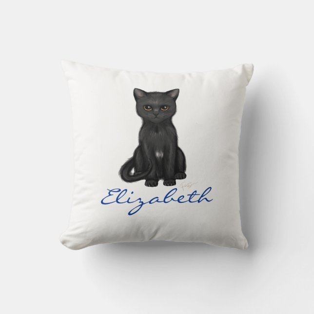 Sweet Black Cat w/Golden Eyes - Blue Custom Name Throw Pillow (Front)