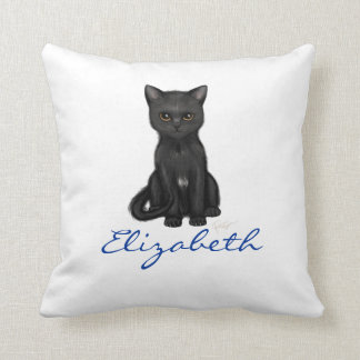 Sweet Black Cat w/Golden Eyes - Blue Custom Name Throw Pillow