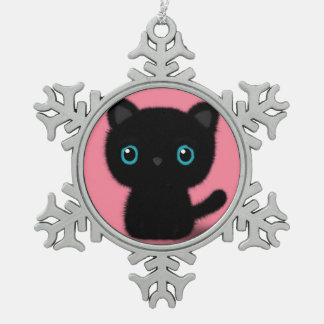 Sweet Black kitten on pastel pink Snowflake Pewter Christmas Ornament