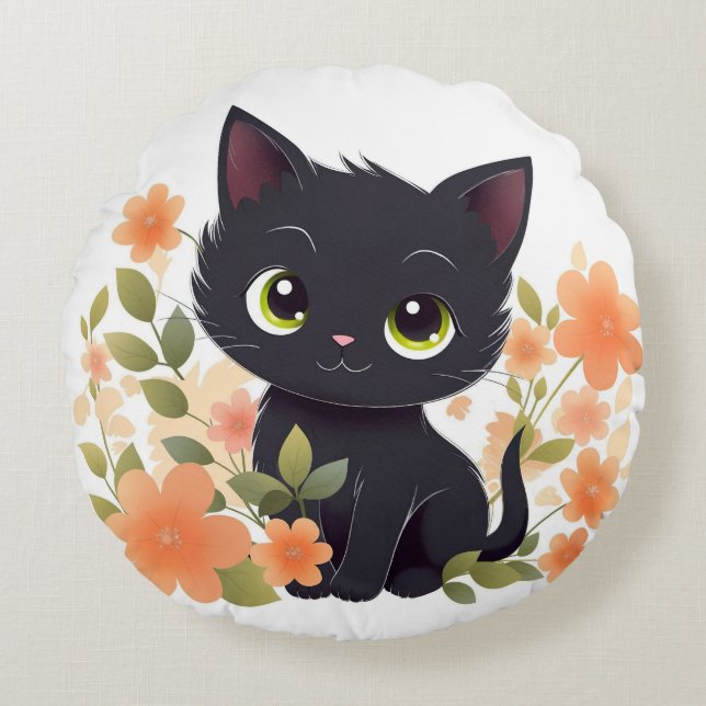Sweet Black Kitten with Flowers Kawaii Chibi Round Pillow (Front)