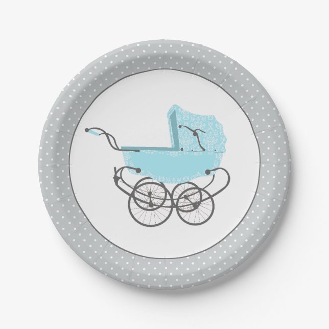 Sweet Blue and Grey Baby Pram Paper Plate (Front)