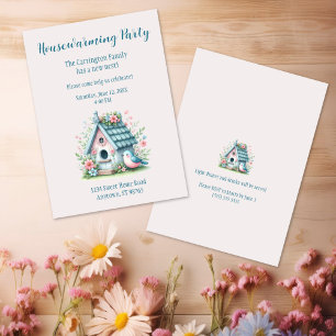 Sweet Blue and Pink Birdhouse Housewarming Party Invitation