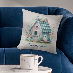 Sweet Blue and Pink Birdhouse Personalized Throw Pillow