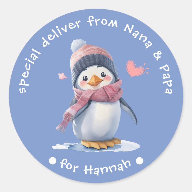 Sweet Blue Baby Penguin Étiquette de Noël pour enf (Devant)