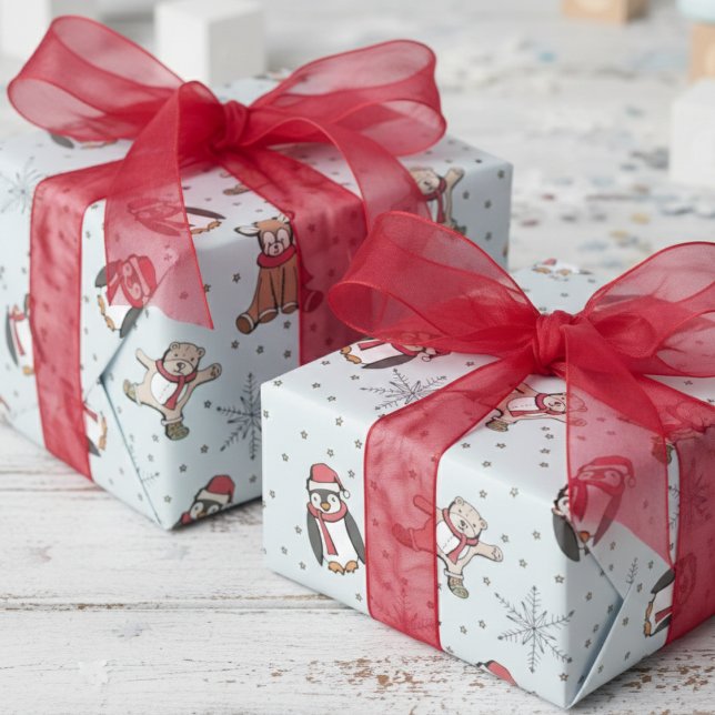 Sweet Blue Babys First Christmas Winter Animals Wrapping Paper (Baby Blue Winter Stuffed Animals, Snowflakes, Polka Dots Pattern Gender Neutral Xmas Kids Gift Wrap)