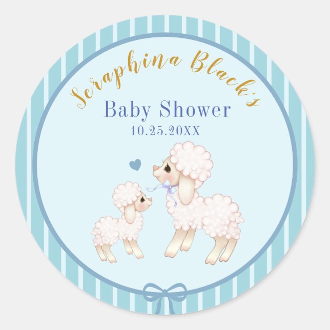 Sweet Blue Boy Lamb Baby Shower Classic Round Sticker (Front)