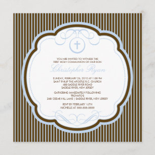 Sweet Blue Brown Cross Boy Communion Invitation