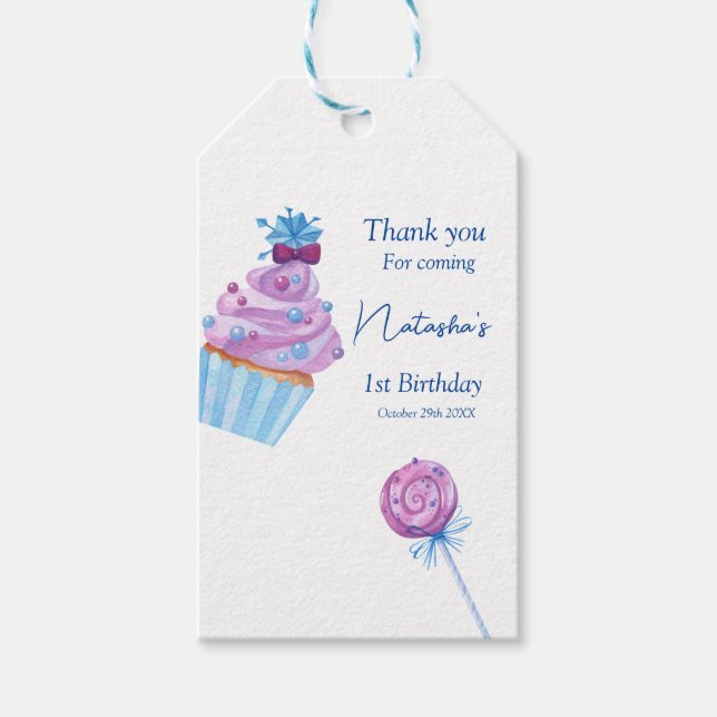 Sweet blue candy birthday gift tags (Front)