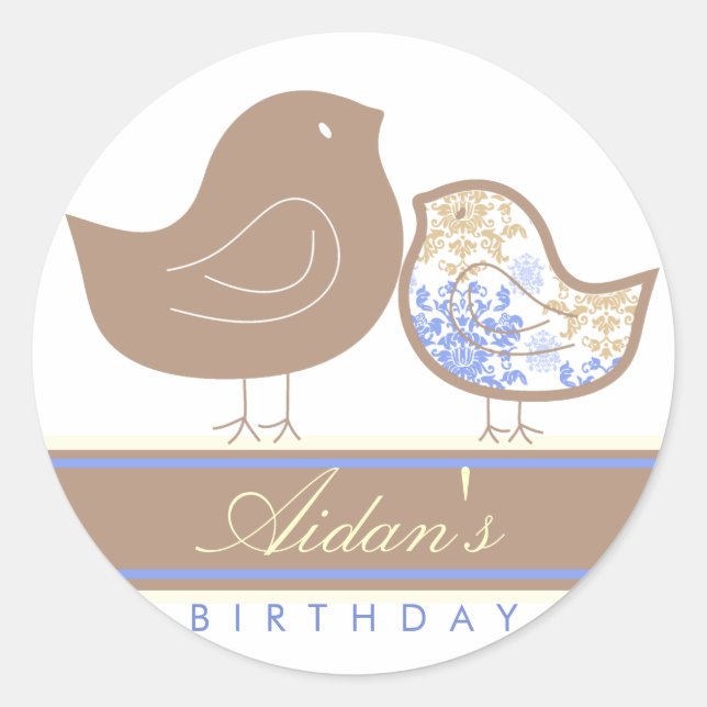 Sweet Blue Damask Chicks Birthday Party Sticker (Front)