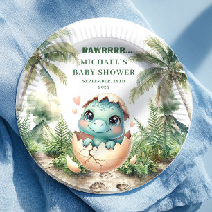 Sweet Blue Dino Baby Shower Hatching Soon Plates