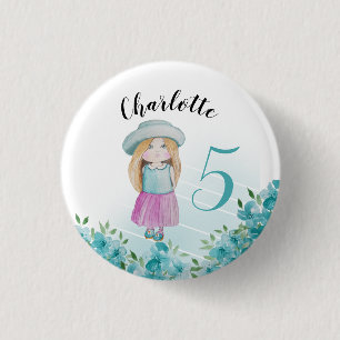 Sweet Blue Doll Watercolor Hand-painted 1 Inch Round Button