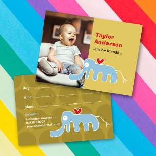 Sweet Blue Elephant Cartoon Kids Photo Playdate Calling Card
