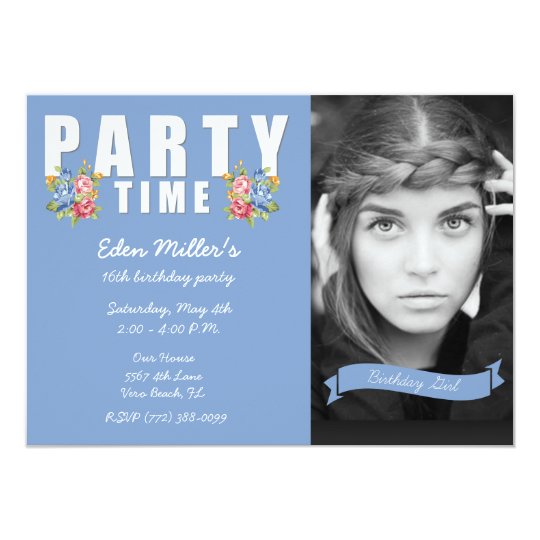 Sweet Blue Floral Girl's 16th Photo Birthday Party Card