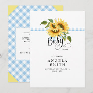 Sweet Blue Gingham Sunflower Baby Shower Invitation