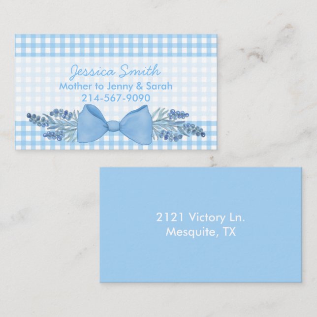 Sweet Blue Gingham with Flowers and Bow Mommy Calling Card (Front/Back)