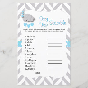 Sweet Blue & Grey Elephant Baby Shower - Word Game