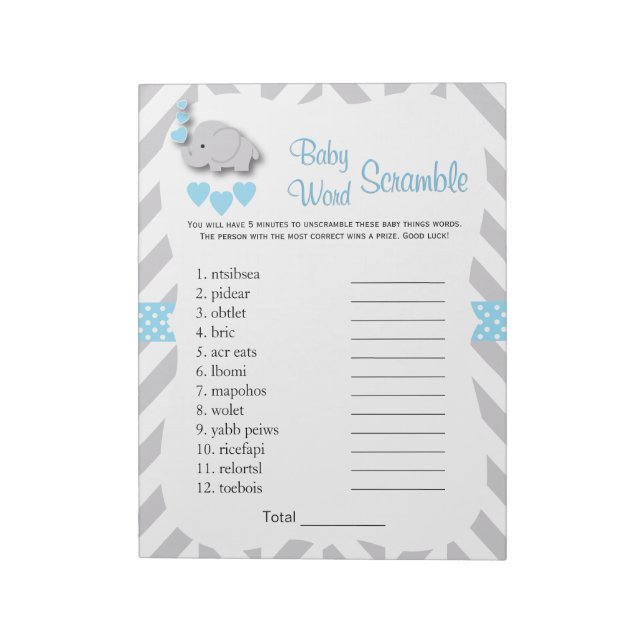 Sweet Blue & Grey Elephant Baby Shower Word Game Notepad (Rotated)