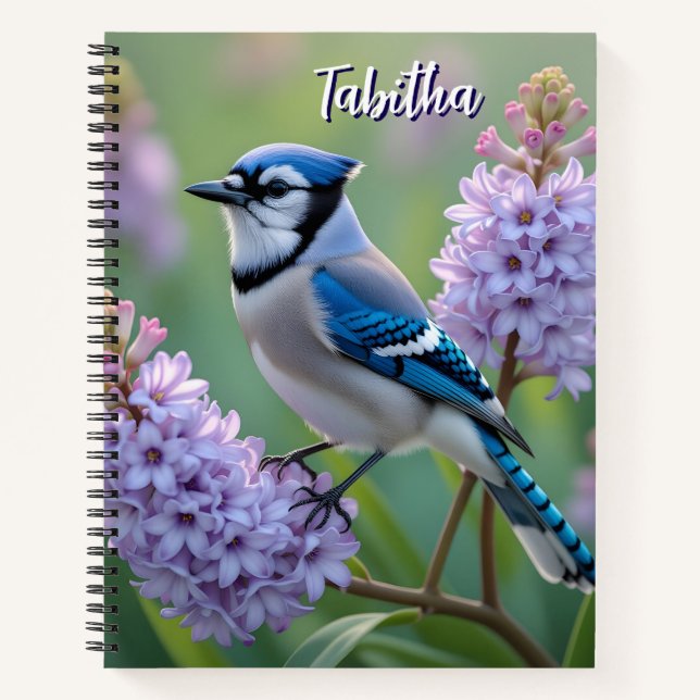 Sweet Blue Jay on Lilacs Personalized Notebook (Front)