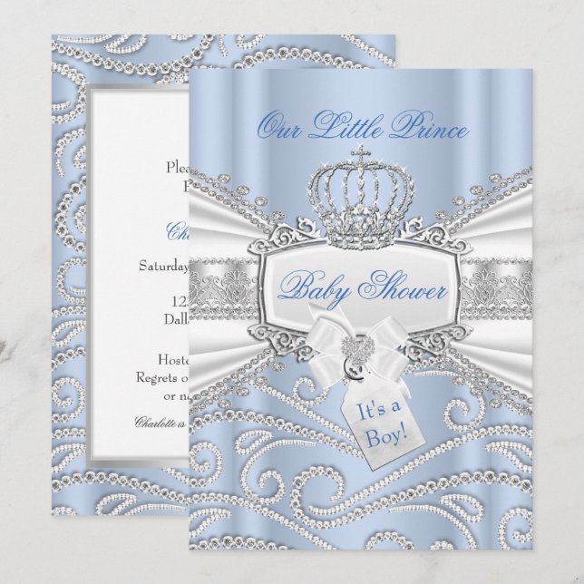Sweet blue Little Prince Boy Baby Shower Invitation (Front/Back)