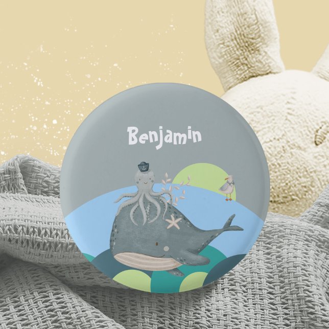 Sweet Blue Nautical Whale Octopus Baby Shower 1 Inch Round Button (Sweet Blue Nautical Whale Baby Shower Button ©Susanne Sachers - Sunny Mind Design 🌞)