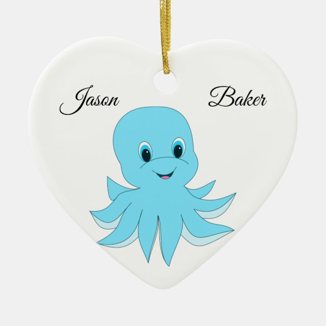 Sweet Blue Octopus With Your Name Ceramic Ornament (Front)