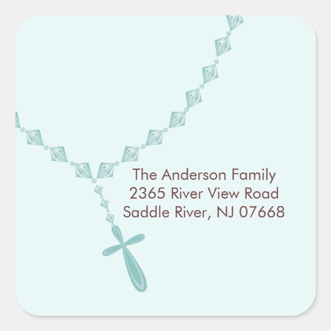 Sweet Blue Rosary Beads Address Sticker Baptism (Front)