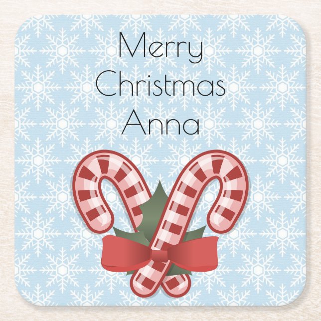 Sweet Blue Snowflake, Red Candy Stick  Square Paper Coaster (Front)
