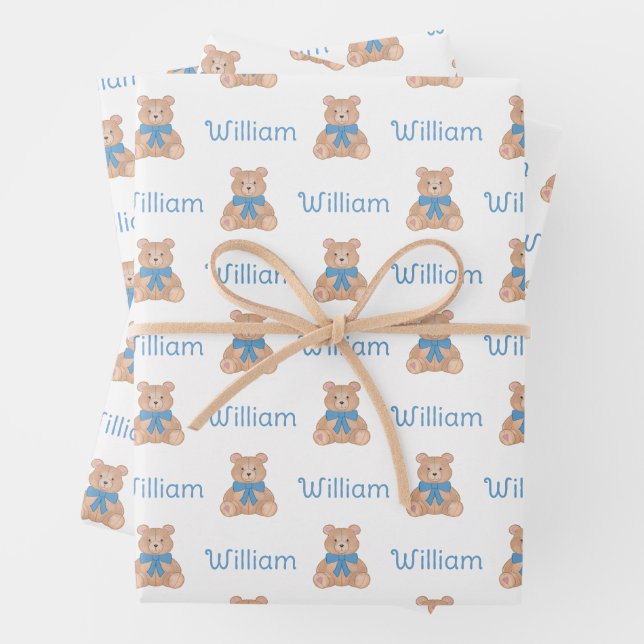 Sweet Blue Teddy Bear with Bow Baby Shower Wrapping Paper Sheet (In situ)