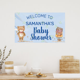 Sweet Blue Watercolor Teddy Bear Boy Baby Shower Poster