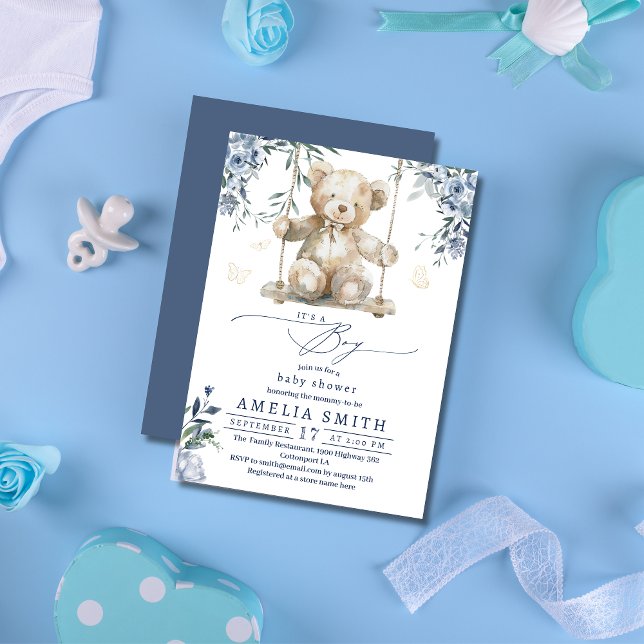 Sweet Blue Watercolor Teddy Boy Baby Shower Invitation (Creator Uploaded)