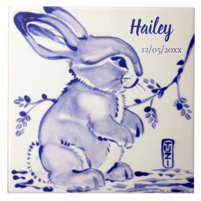 Sweet Blue & White Baby Bunny Tile Personalized (Front)