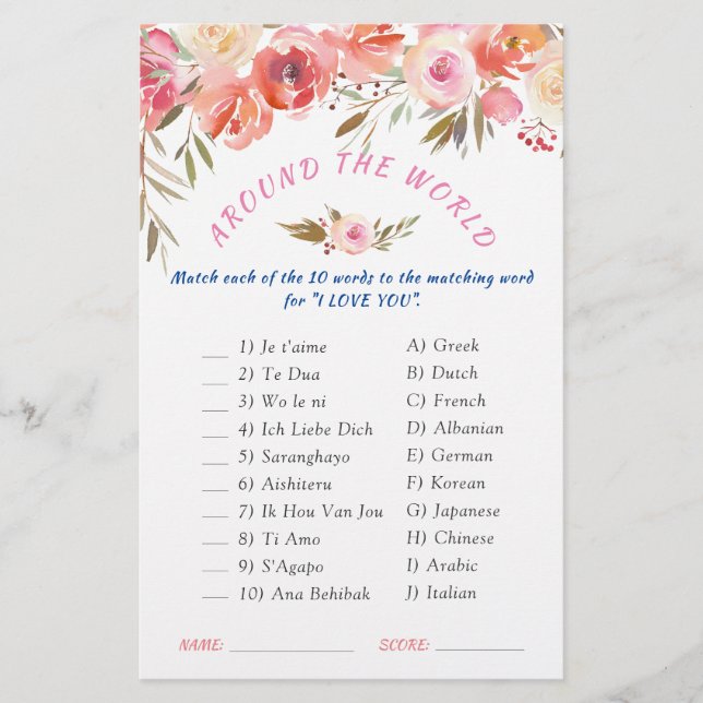 Sweet Blush Floral Watercolor Bridal Shower Game (Front)