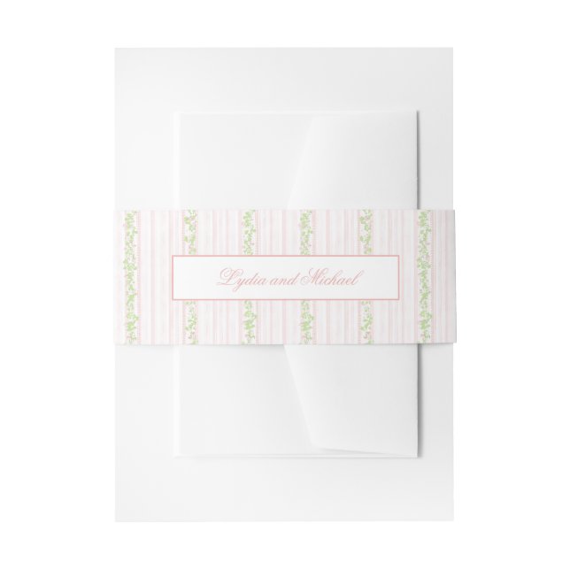  Sweet Blush Pink and Sage Green Striped Invitation Belly Band (Front Example)