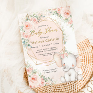Sweet Blush Pink Floral Cute Elephant Baby Shower Invitation