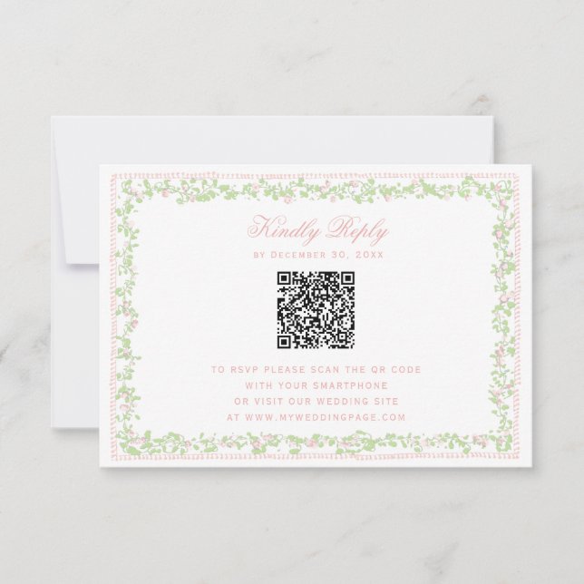 Sweet Blush Pink Floral Frame RSVP w/ Bow QR Code (Front)
