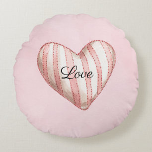 Sweet Blush Pink Striped Heart Love Round Pillow