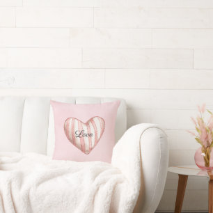 Sweet Blush Pink Striped Heart Love Throw Pillow