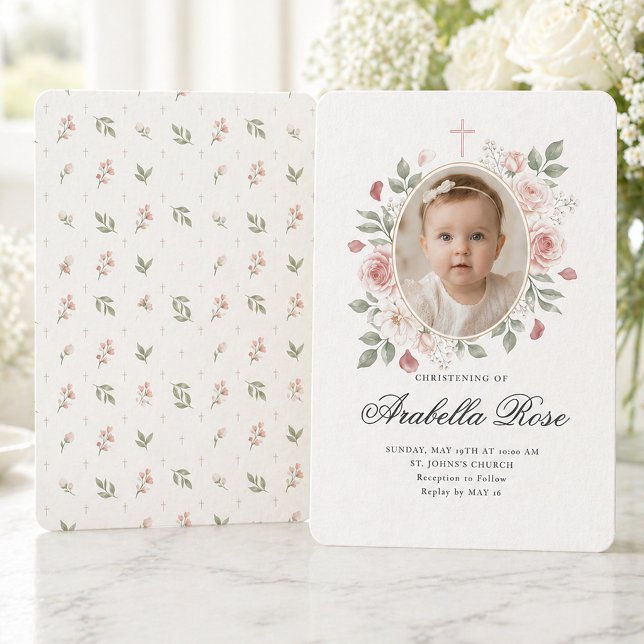 Sweet Blush Rose Floral Photo Script Invitation (Elegant Pink Floral Christening Invitation with Photo)