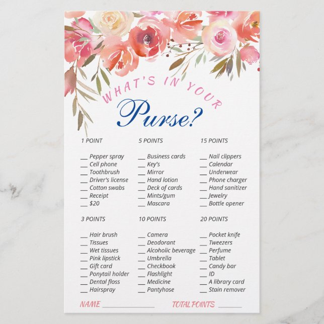 Sweet Blush Roses Watercolor Bridal Shower Game (Front)