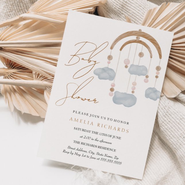 Sweet Boho Blue Cloud Mobile Baby Shower Invitation (Creator Uploaded)