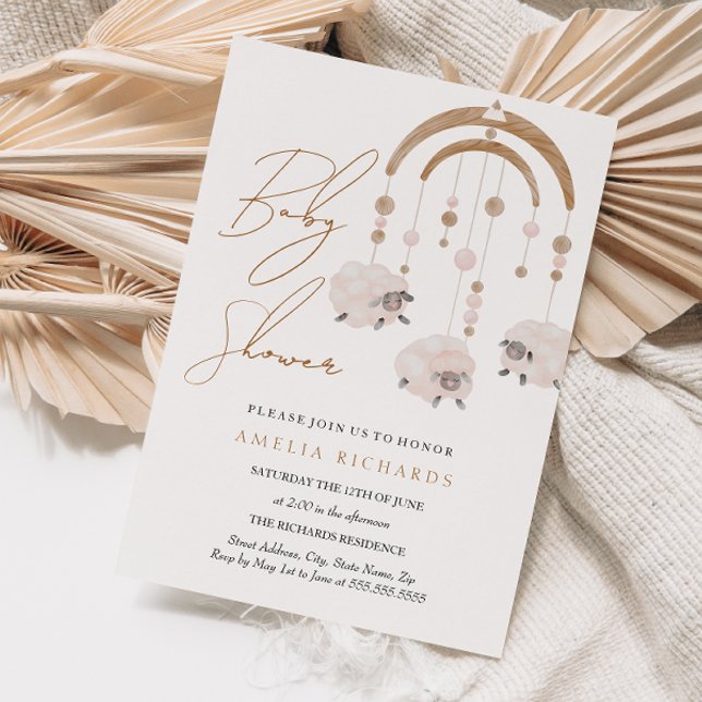 Sweet Boho Blush Pink Sheep Mobile Baby Shower  Invitation (Creator Uploaded)