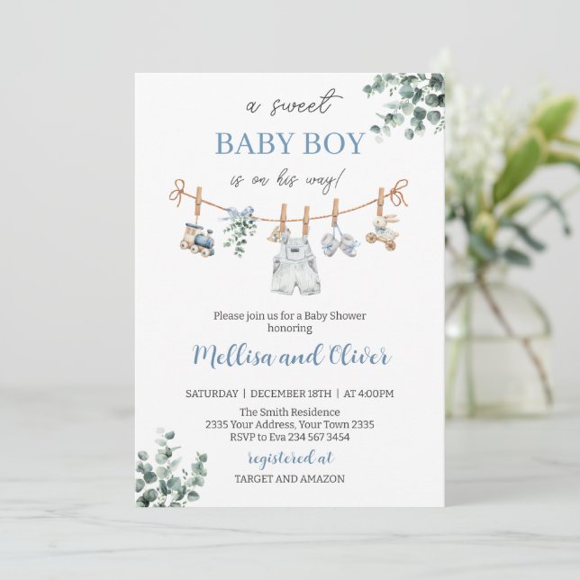 Sweet Boho Neutral Clothesline Boy Baby Shower Invitation (Standing Front)