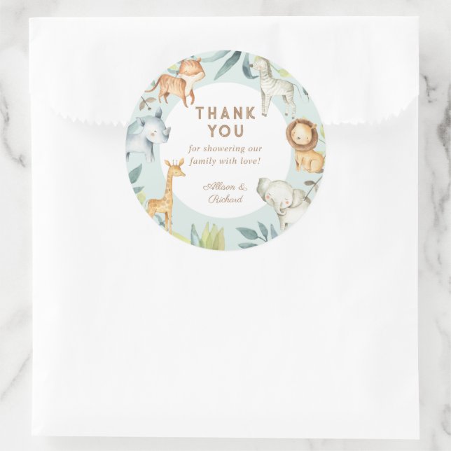 Sweet boho safari animals sage baby shower classic round sticker (Bag)