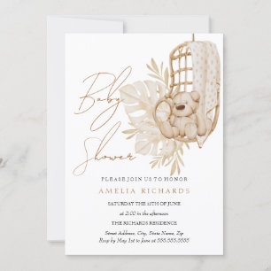 Sweet Boho Teddy Bear Blue Baby Shower  Invitation