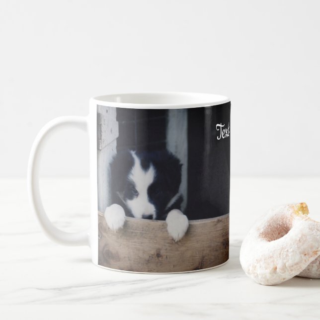 Sweet Border Collie Puppy Personalized Coffee Mug (With Donut)