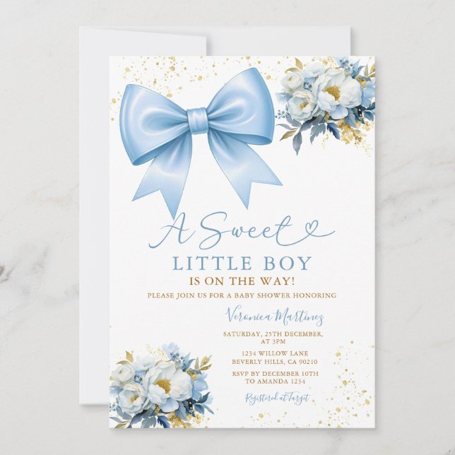 Sweet Boy Blue Bow Coquette Baby Shower Floral Invitation (Front)